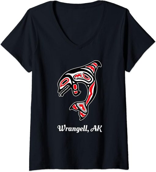 Womens Native American Wrangell AK Red Orca Killer Whale V-Neck T-Shirt