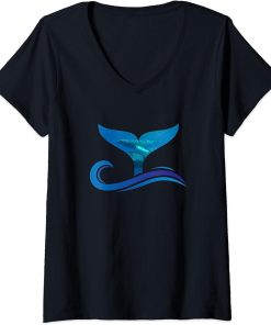 Womens Whale Tail in Waves Orca Ocean V-Neck T-Shirt