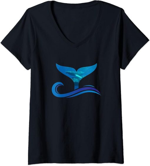 Womens Whale Tail in Waves Orca Ocean V-Neck T-Shirt