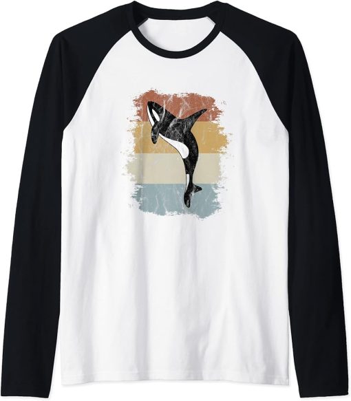 Vintage Killer Whale Art 80s Retro Orca Whale Silhouette Raglan Baseball Tee