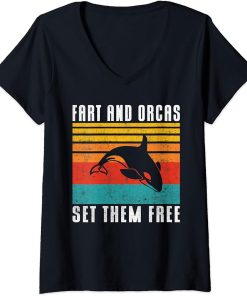 Womens Fart and Orcas set them Free funny Orca Whale V-Neck T-Shirt