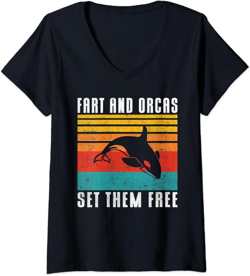 Womens Fart and Orcas set them Free funny Orca Whale V-Neck T-Shirt