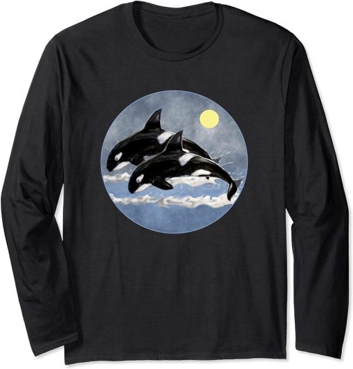 Orca Killer Whale Family Art Retro Style Sea Panda Orcas Long Sleeve T-Shirt