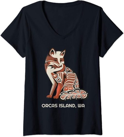 Womens Tribal Fox Orcas Island Washington Native American Haida V-Neck T-Shirt