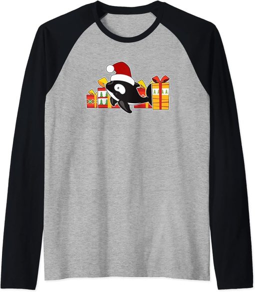 Baby Orca with Presents - Cute Christmas Killer Whale Raglan Baseball Tee