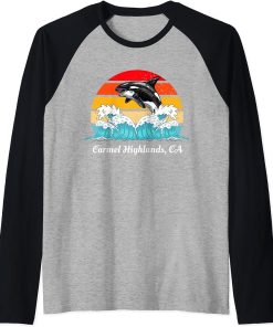 Vintage Carmel Highlands CA Distressed Orca Killer Whale Art Raglan Baseball Tee