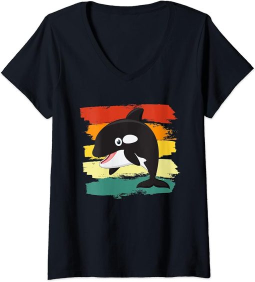 Womens Cartoon Orca Whale I Orca Art I Orca Whale I Kids Orca V-Neck T-Shirt